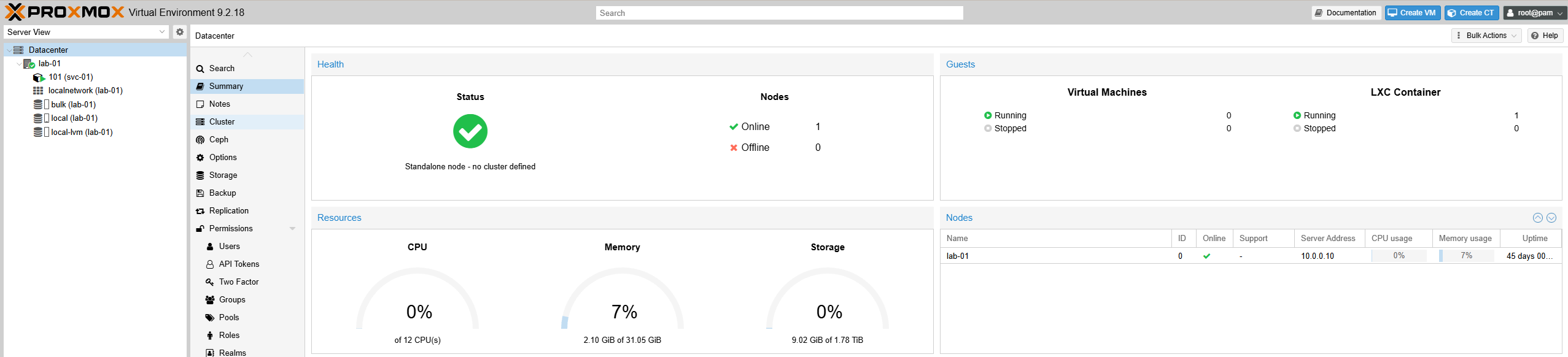 Proxmox dashboard showing the lab-01 node and the svc-01 container