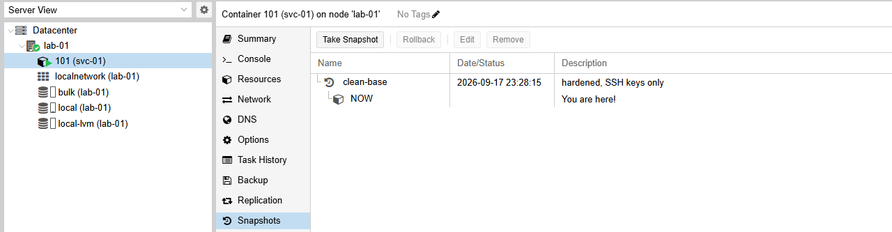 The svc-01 snapshot list with the clean-base snapshot