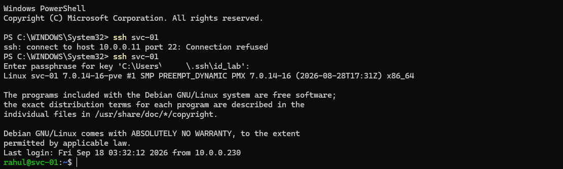 SSH to svc-01 refused while SSH was broken, then a normal login after the rollback with no host key warning