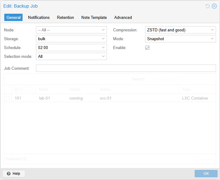 The nightly backup job settings: all guests, to the bulk storage, at 02:00, snapshot mode, ZSTD